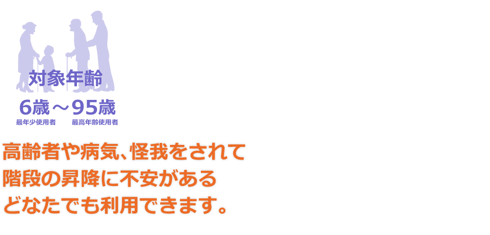 高齢者や病気､怪我をされて階段の昇降に不安があるどなたでも利用できます。｜対象年齢6歳〜95歳