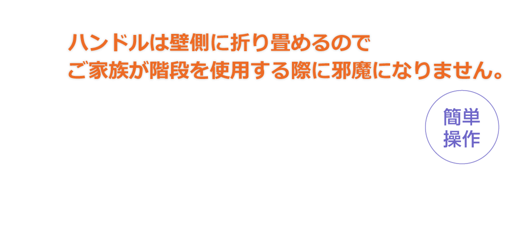 ハンドルは壁側に折り畳めるのでご家族が階段を使用する際に邪魔になりません。｜簡単操作